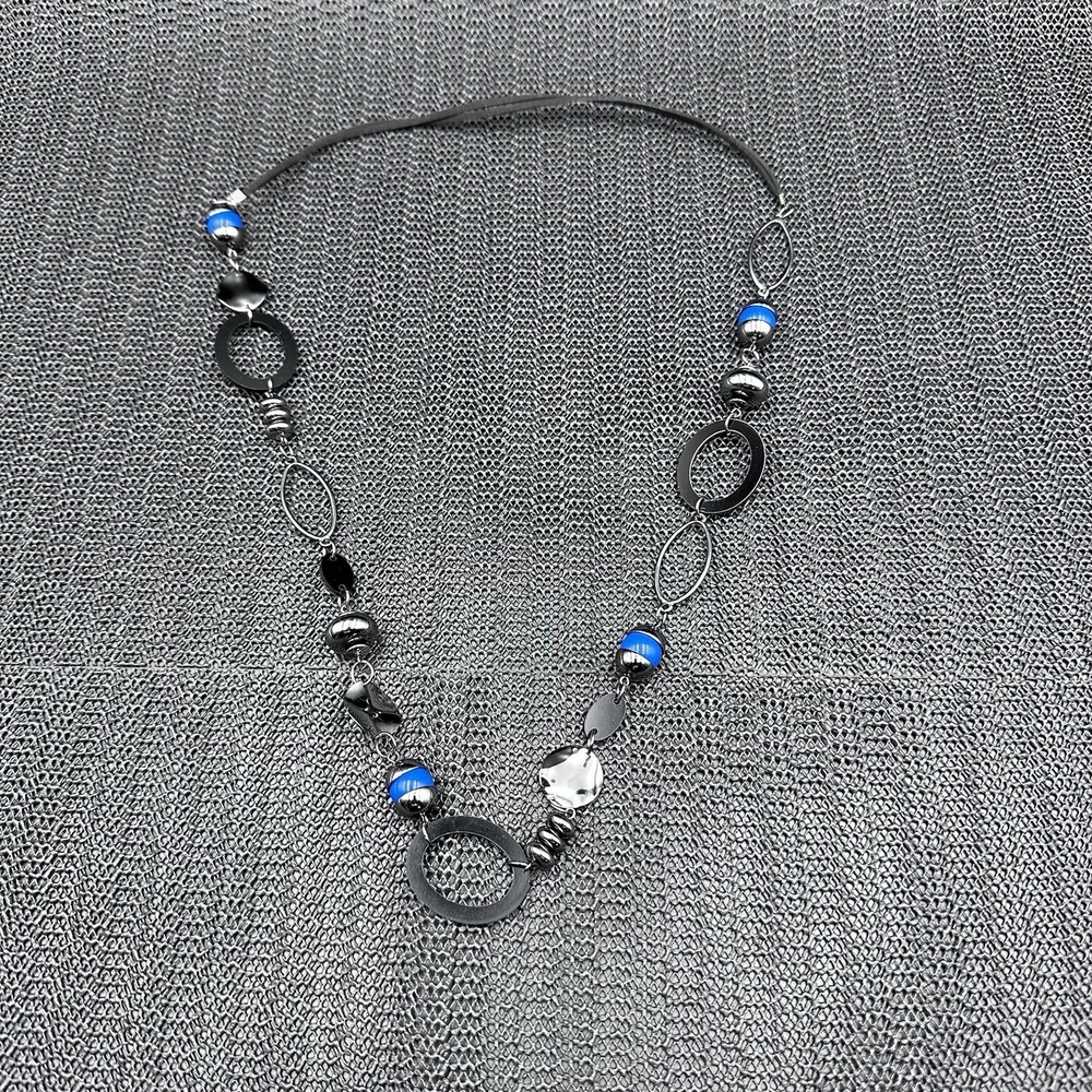 VTG Boho Style Long Statement Necklace Electric Black & Blue